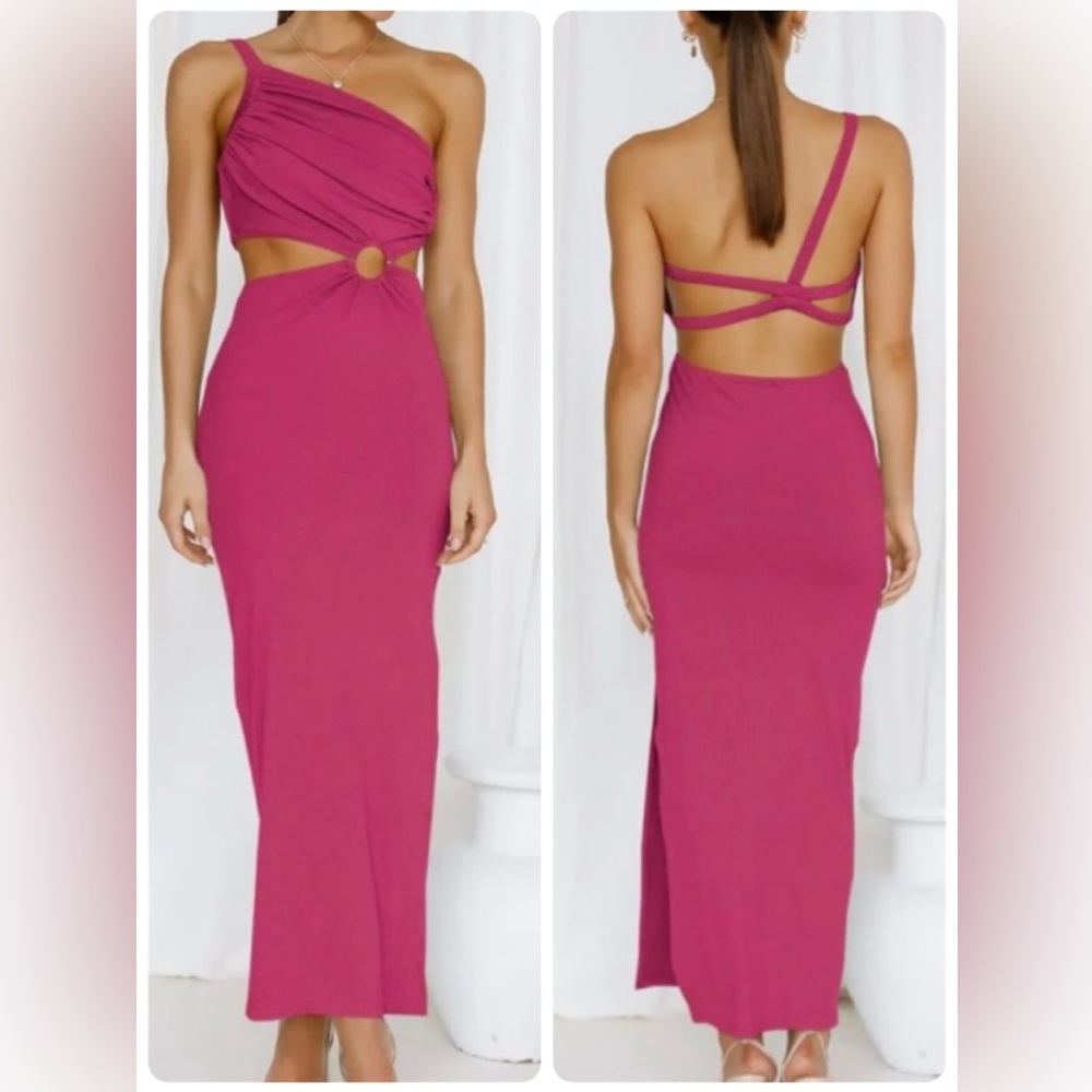 Anrabess Cutout Sexy Bodycon Pink One-Shoulder Maxi Dress Size M